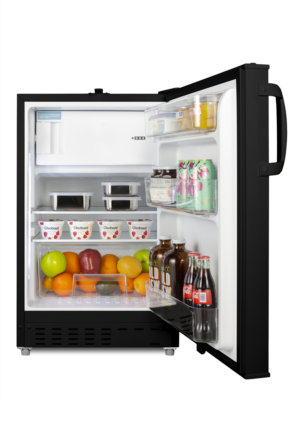 Built-in undercounter ADA compliant refrigerator-freezer in black for residential use, manual defrost with glass shelves, front lock, and door storage